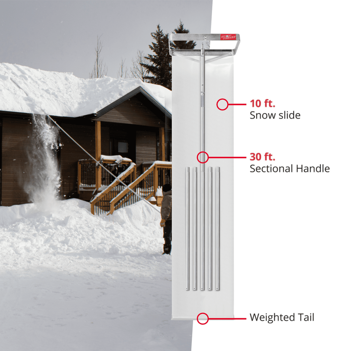 SnowPeeler PREMIUM - Long Handle Roof Rake with a 30 ft. (9 m.) reach, a Curved Handle Adapter and a 10 ft. (3 m.) Snow Slide.